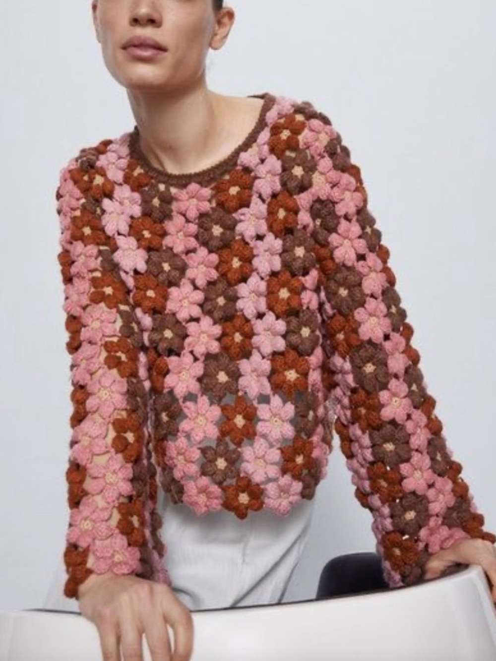 Zara 3D Floral Crocheted Knit Sweater NWT Rich Earthy Colors Blogger Favorite M